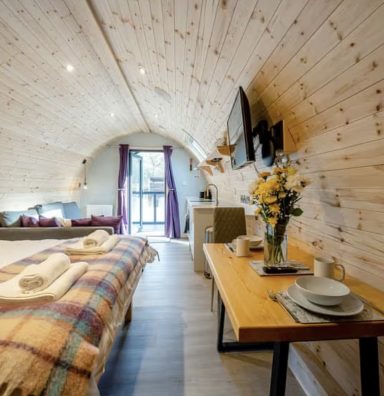 Modern wooden cabin interior with a bed, dining table, and large windows.